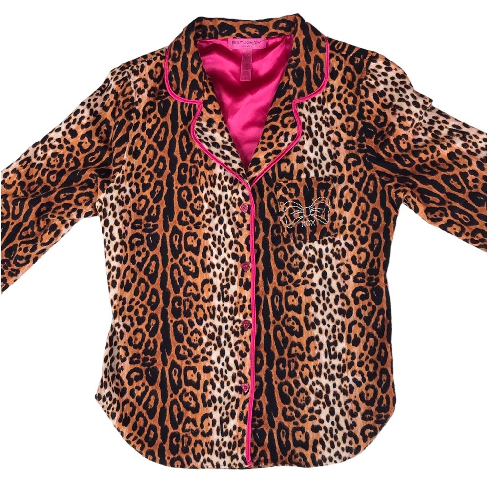 Betsey Johnson Animal Print Flannel Pajama TOP Pocket Bow Bling Cotton Rayon Fun